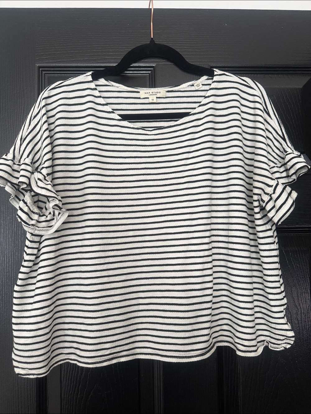 Max Studio White and Black Striped Ruffle Sleeve Tee